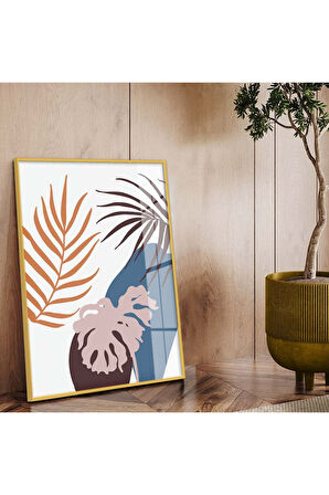 Gümüş Metal Çerçeveli Kolaj Çizim Yaprak Tema Kırılmaz Cam Tablo