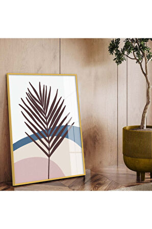 Gold Metal Çerçeveli Kolaj Çizim Yaprak Tema Kırılmaz Cam Tablo