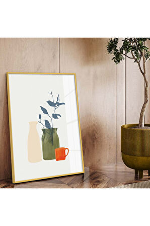 Gold Metal Çerçeveli Modern Çizim Vazo Tema Kırılmaz Cam Tablo