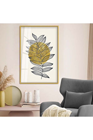 Siyah Metal Çerçeveli Modern Çizim Yaprak Tema Kırılmaz Cam Tablo