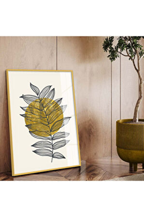 Siyah Metal Çerçeveli Modern Çizim Yaprak Tema Kırılmaz Cam Tablo