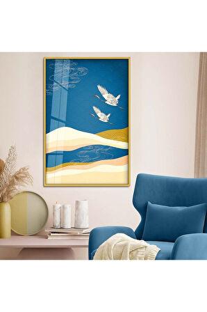 Siyah Metal Çerçeveli Modern Çizim Kuş Figür Kırılmaz Cam Tablo