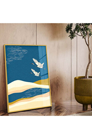 Siyah Metal Çerçeveli Modern Çizim Kuş Figür Kırılmaz Cam Tablo