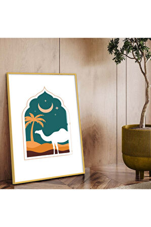 Gold Metal Çerçeveli Modern Çizim Deve Figür Kırılmaz Cam Tablo