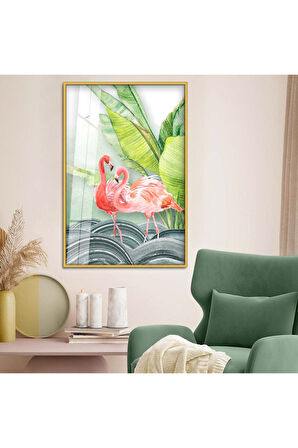 Gümüş Metal Çerçeveli Modern Çizim Flamingo Figür Kırılmaz Cam Tablo