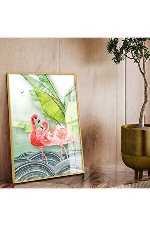 Gümüş Metal Çerçeveli Modern Çizim Flamingo Figür Kırılmaz Cam Tablo