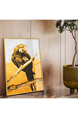 Siyah Metal Çerçeveli Modern Çizim Papağan Figür Kırılmaz Cam Tablo