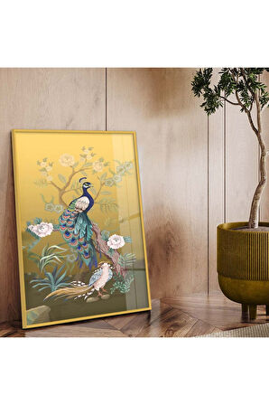 Siyah Metal Çerçeveli Modern Çizim Tavus Kuşu Figür Kırılmaz Cam Tablo