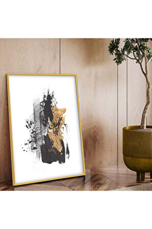 Gümüş Metal Çerçeveli Kolaj Çizim Soyut Tema Kırılmaz Cam Tablo