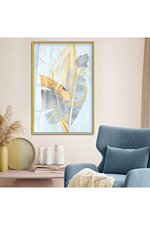 Gümüş Metal Çerçeveli Modern Çizim Yaprak Desen Kırılmaz Cam Tablo