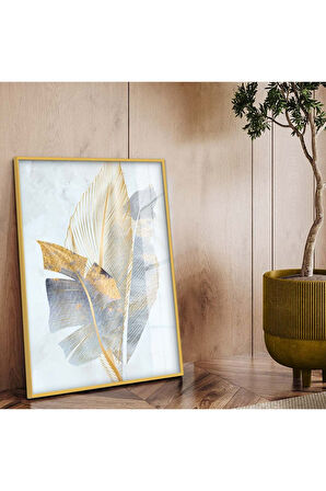 Gümüş Metal Çerçeveli Modern Çizim Yaprak Desen Kırılmaz Cam Tablo