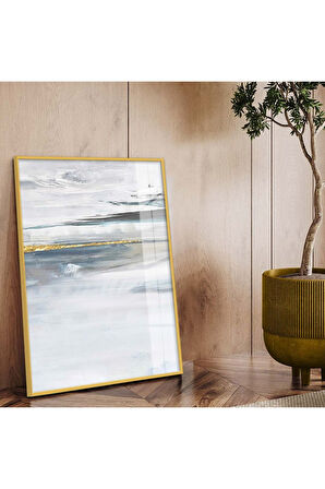 Gold Metal Çerçeveli Modern Çizim Soyut Tema Kırılmaz Cam Tablo