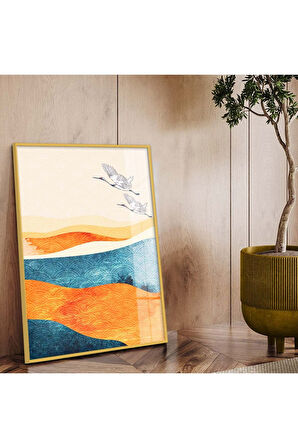 Gümüş Metal Çerçeveli Modern Çizim Kuş Figür Kırılmaz Cam Tablo