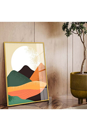 Siyah Metal Çerçeveli Kolaj Çizim Doğa Tema Kırılmaz Cam Tablo