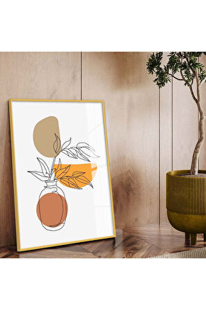 Gold Metal Çerçeveli Kolaj Çizim Soyut Tema Kırılmaz Cam Tablo