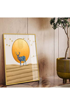 Siyah Metal Çerçeveli Modern Çizim Geyik Tema Kırılmaz Cam Tablo