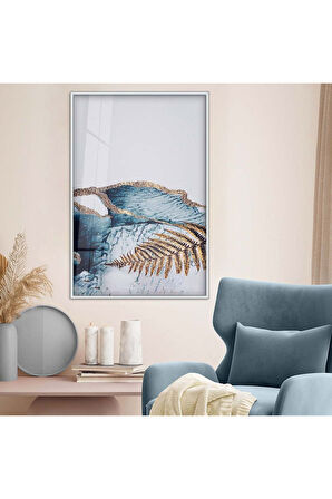 Gold Metal Çerçeveli Modern Çizim Yaprak Desen Kırılmaz Cam Tablo