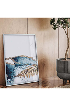 Gold Metal Çerçeveli Modern Çizim Yaprak Desen Kırılmaz Cam Tablo