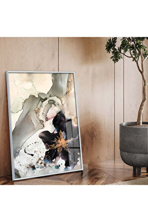 Siyah Metal Çerçeveli Soyut Tema Modern Çizim Kırılmaz Cam Tablo