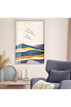 Gold Metal Çerçeveli Modern Çizim Kuş Figür Kırılmaz Cam Tablo