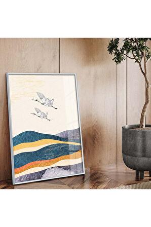 Gold Metal Çerçeveli Modern Çizim Kuş Figür Kırılmaz Cam Tablo