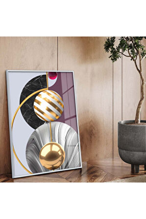 Gold Metal Çerçeveli Geometrik Çizim Soyut Tema Kırılmaz Cam Tablo