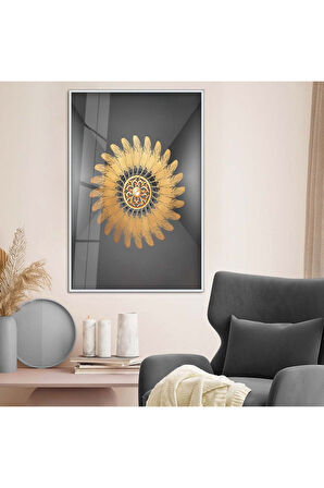 Gold Metal Çerçeveli Kolaj Çizim Modern Tema Kırılmaz Cam Tablo