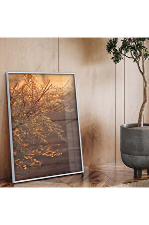 Gümüş Metal Çerçeveli Ağaç Dalı Kırılmaz Cam Tablo