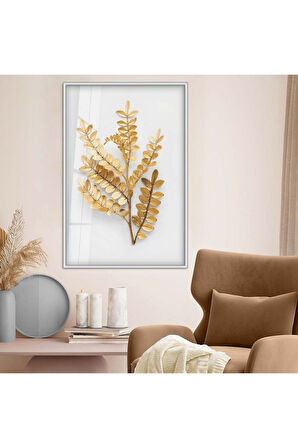 Gold Metal Çerçeveli Modern Çizim Yaprak Tema Kırılmaz Cam Tablo