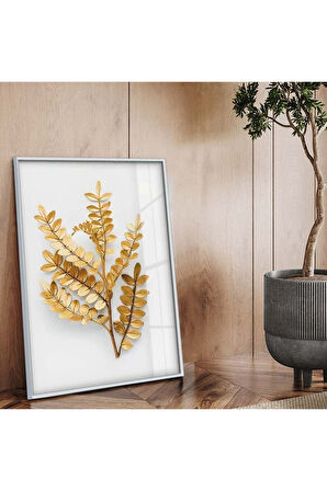 Gold Metal Çerçeveli Modern Çizim Yaprak Tema Kırılmaz Cam Tablo