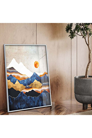 Gümüş Metal Çerçeveli Kolaj Çizim Soyut Tema Kırılmaz Cam Tablo