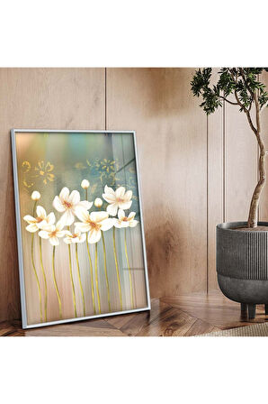 Siyah Metal Çerçeveli Beyaz Çiçek Kırılmaz Cam Tablo