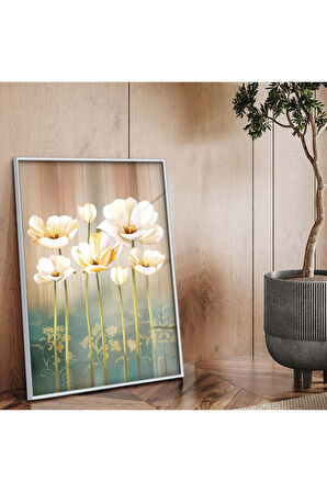 Gold Metal Çerçeveli Beyaz Çiçek Kırılmaz Cam Tablo