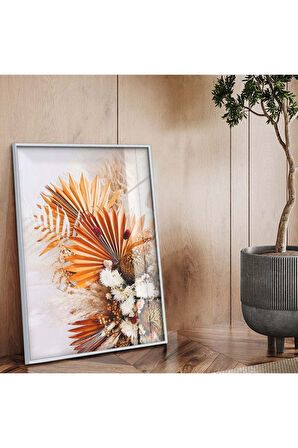 Gold Metal Çerçeveli Modern Çizim Renkli Yaprak Kırılmaz Cam Tablo