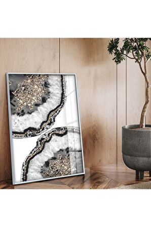 Gold Metal Çerçeveli Soyut Tema Modern Çizim Kırılmaz Cam Tablo