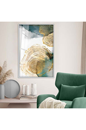 Gold Metal Çerçeveli Soyut Tema Modern Çizim Kırılmaz Cam Tablo