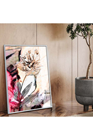 Gold Metal Çerçeveli Çiçek Desen Modern Çizim Kırılmaz Cam Tablo