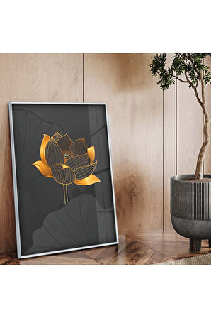 Gold Metal Çerçeveli Kolaj Çizim Çiçek Desen Kırılmaz Cam Tablo