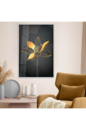 Gold Metal Çerçeveli Kolaj Çizim Çiçek Desen Kırılmaz Cam Tablo