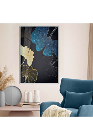 Siyah Metal Çerçeveli Kolaj Çizim Çiçek Desen Kırılmaz Cam Tablo