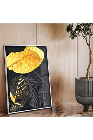 Siyah Metal Çerçeveli Kolaj Çizim Yaprak Desen Kırılmaz Cam Tablo
