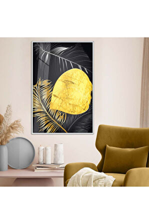 Siyah Metal Çerçeveli Kolaj Çizim Yaprak Desen Kırılmaz Cam Tablo