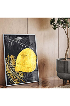 Siyah Metal Çerçeveli Kolaj Çizim Yaprak Desen Kırılmaz Cam Tablo