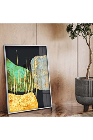 Gold Metal Çerçeveli Kolaj Çizim Soyut Tema Kırılmaz Cam Tablo