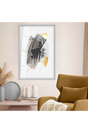 Gold Metal Çerçeveli Soyut Tema Modern Çizim Kırılmaz Cam Tablo