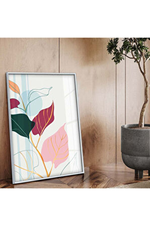 Gümüş Metal Çerçeveli Kolaj Çizim Yaprak Tema Kırılmaz Cam Tablo