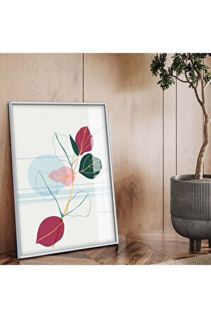 Gümüş Metal Çerçeveli Kolaj Çizim Yaprak Tema Kırılmaz Cam Tablo