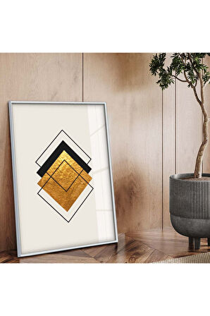 Siyah Metal Çerçeveli Geometrik Çizim Soyut Tema Çizim Kırılmaz Cam Tablo