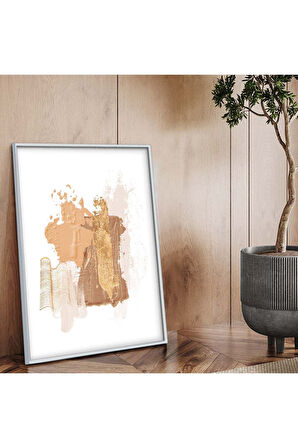 Gold Metal Çerçeveli Kolaj Çizim Soyut Tema Kırılmaz Cam Tablo