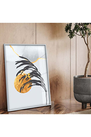 Gold Metal Çerçeveli Kolaj Çizim Yaprak Desen Kırılmaz Cam Tablo